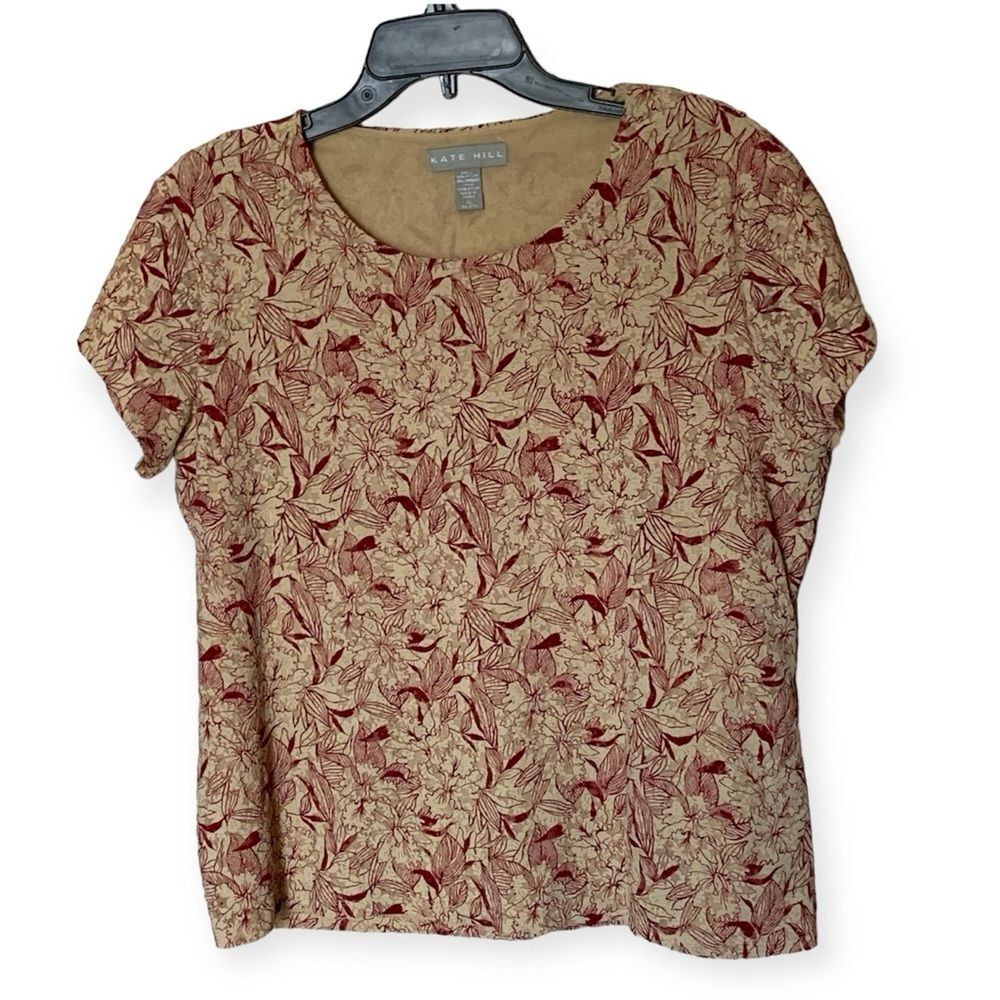 Kate Hill Red and Tan Short Sleeve Pullover Lace Overlay Shirt Blouse Size XL